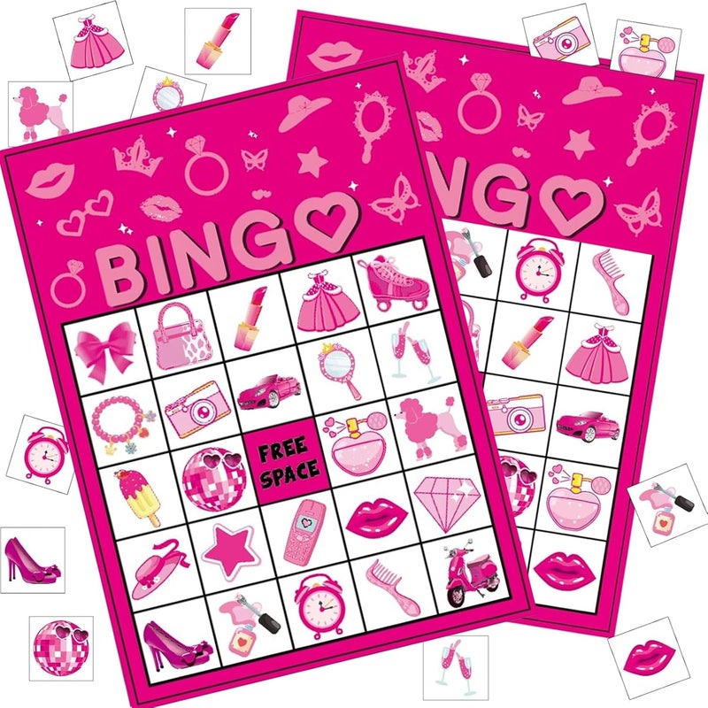 CrazyJan Store Pink Party Bingo Games Hot Pink Birthday Party Game for Adults Girls Birthday Party Favors 24 Players Bingo Cards Party Game for Family Holiday Gatherings Party Supplie - Image 1